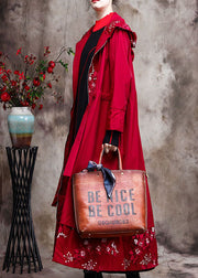 Red zippered Patchwork Embroidered Spring Coats
