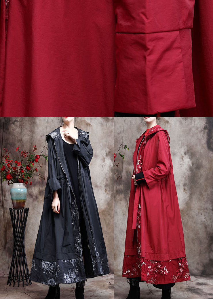 Red zippered Patchwork Embroidered Spring Coats