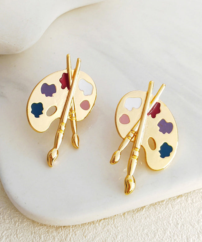 Gold Brushes and Palettes Stud Earrings