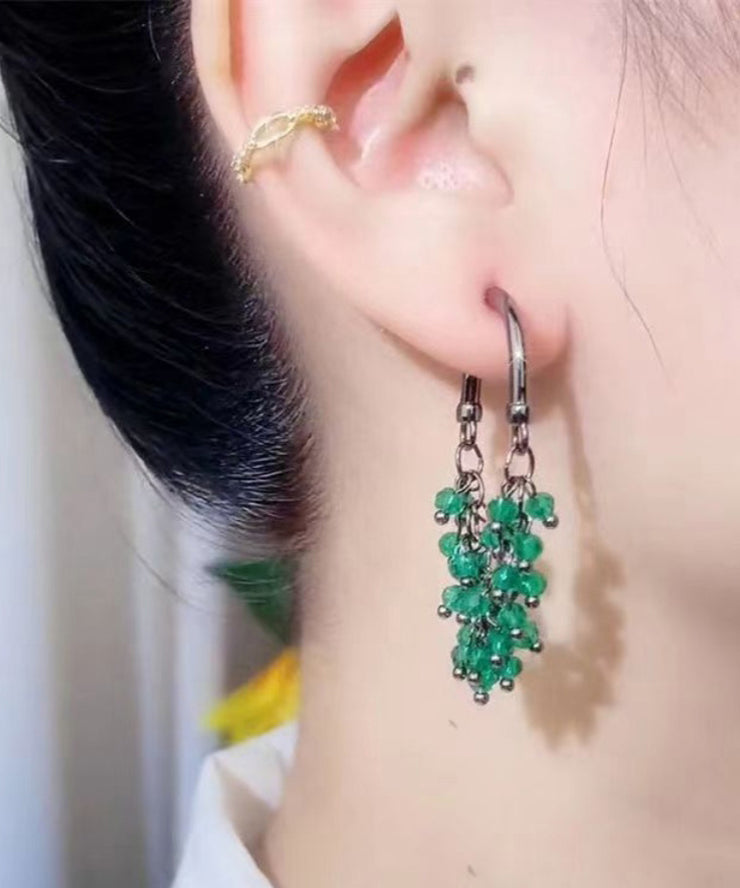 Regular Green Crystal Beading Tassel Hoop Earrings