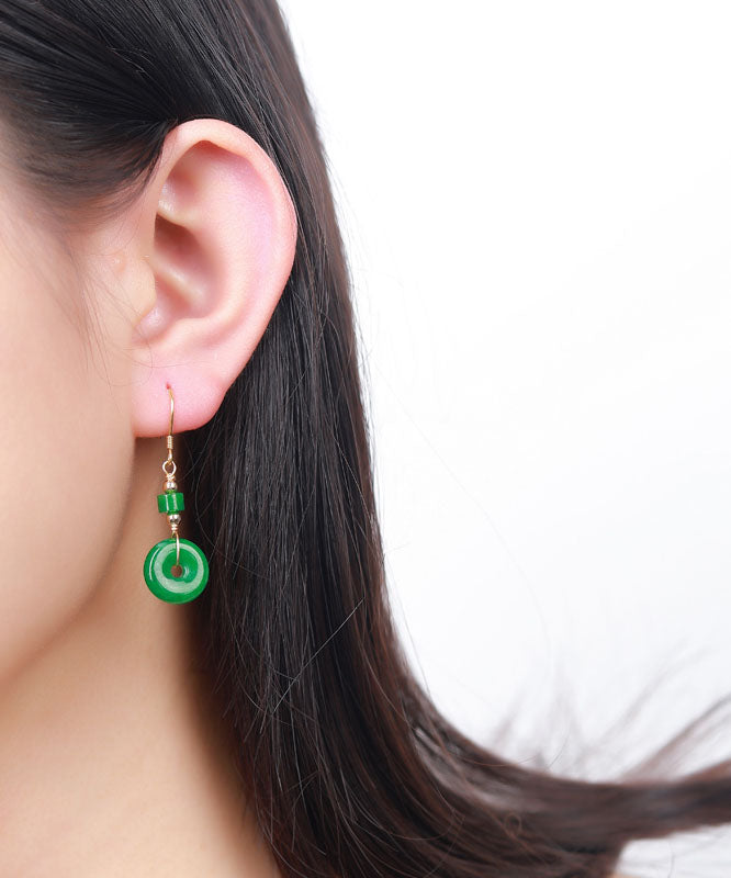 Regular Green Silver Overgild Jade Safety Buckle Drop Earrings