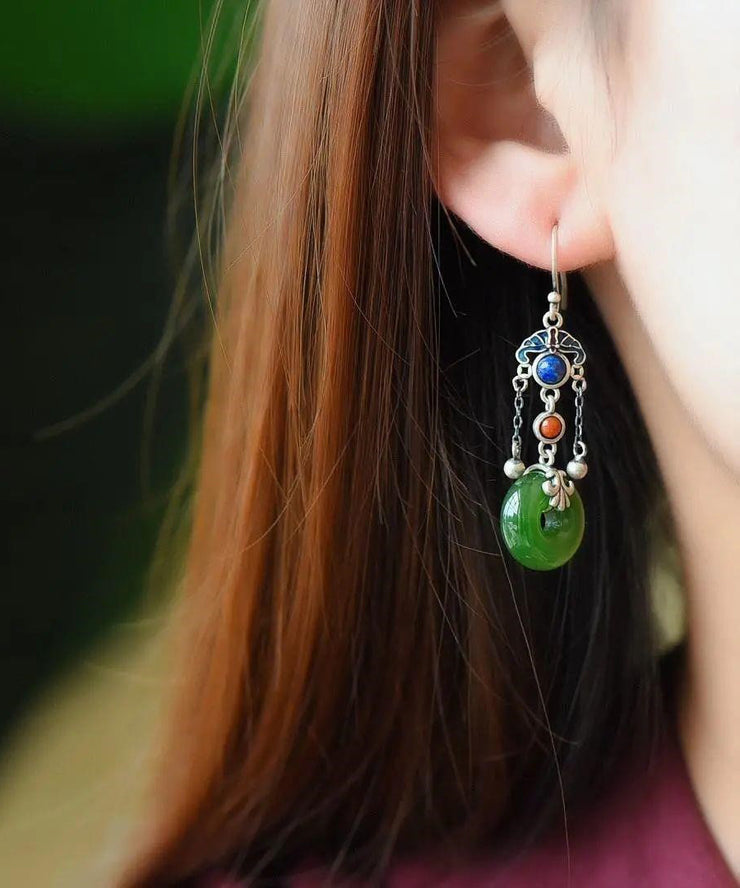 Regular Green Sterling Silver Agate Jade Cloisnne Xiangyun Tassel Drop Earrings