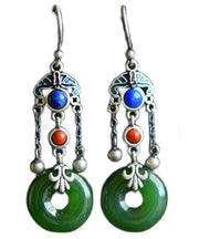 Regular Green Sterling Silver Agate Jade Cloisnne Xiangyun Tassel Drop Earrings