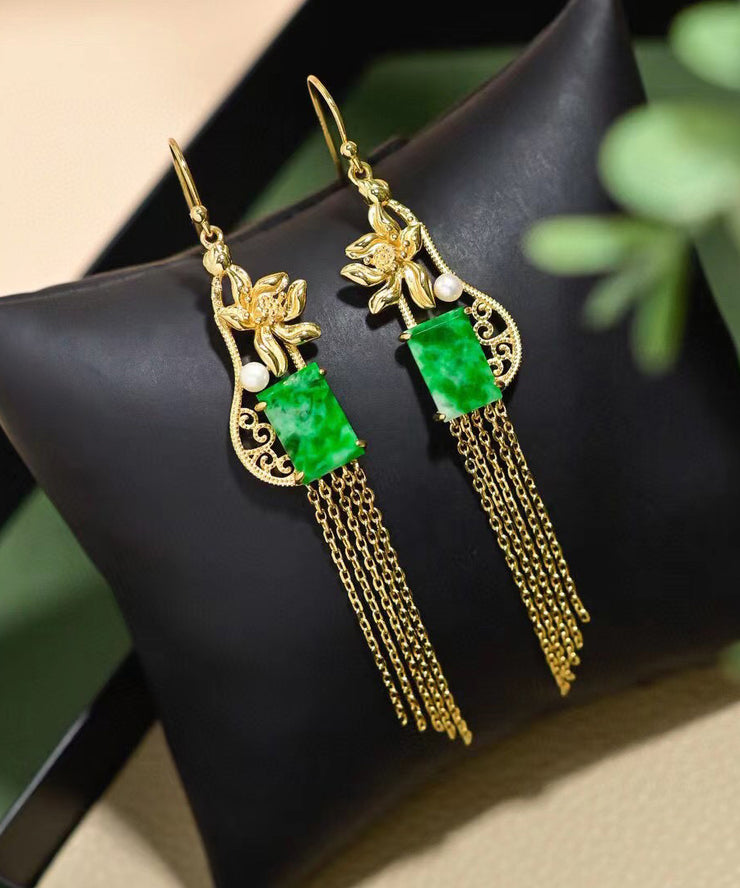 Regular Green Sterling Silver Overgild Inlaid Jade Tassel Drop Earrings