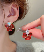 Regular Red Copper Zircon Drip Oil Floral Stud Earrings