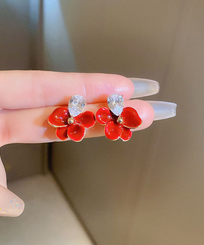 Regular Red Copper Zircon Drip Oil Floral Stud Earrings