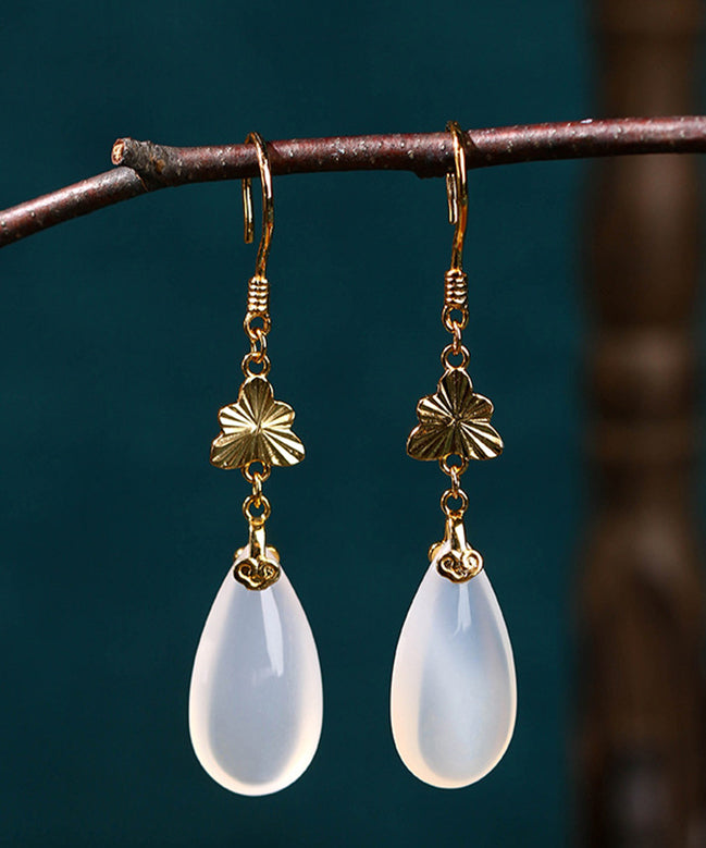 Regular White Ancient Gold Chalcedony Water Drop Drop Earrings