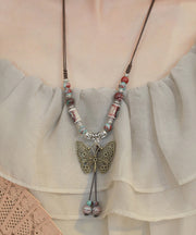 Retro Alloy Ceramic Beads Butterfly Small Bell Tassel Lariat Necklace