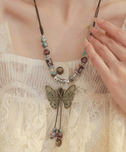 Retro Alloy Ceramic Beads Butterfly Small Bell Tassel Lariat Necklace