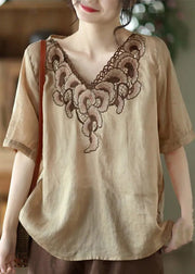 Retro Apricot V Neck Embroidered Patchwork Tops Short Sleeve