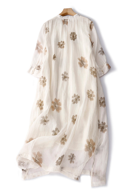 Retro Apricot V Neck Print Linen Long Dresses Summer