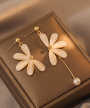 Retro Beige Asymmetricar Floral Alloy Pearl Resin Drop Earrings