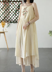 Retro Beige Embroidered Wrinkled Patchwork Long Linen Sundress Summer