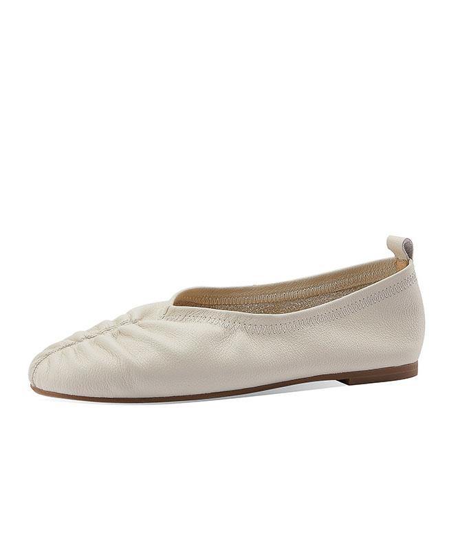 Retro Beige Pointed Toe Genuine Leather Flats Shoes - SooLinen