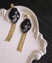 Retro Black Alloy Acrylic Shell Flower Tassel Drop Earrings