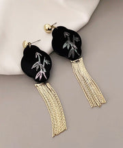 Retro Black Alloy Acrylic Shell Flower Tassel Drop Earrings