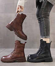 Retro Black Boots Warm Fleece Lace Up Chunky Boots