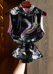 Retro Black Chinese Button Embroidered Silk Velour Waistcoat Sleeveless