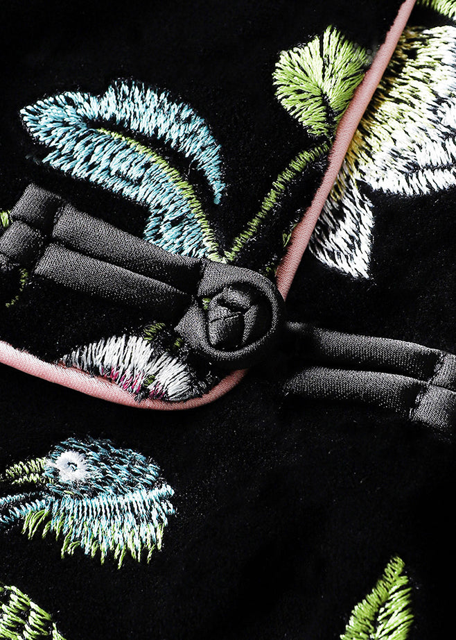 Retro Black Chinese Button Embroidered Silk Velour Waistcoat Sleeveless