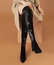 Retro Black Chinese Style Embroidered Chunky Knee Boots