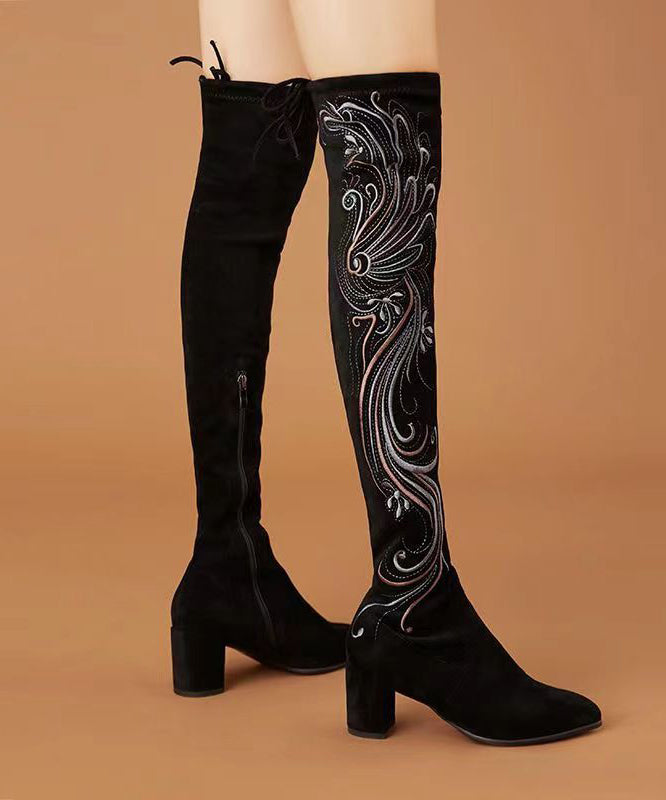 Retro Black Chinese Style Embroidered Chunky Knee Boots