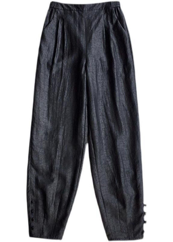 Retro Black Elastic Waist Pockets Silk Lantern Pants Spring