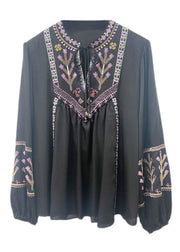 Retro Black Embroidered Lace Up Silk Blouse Tops Long Sleeve