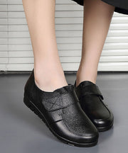 Retro Black Flats Cowhide Leather Buckle Strap Flat Shoes