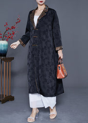Retro Black Notched Patchwork Chinese Button Silk Trench Coats Spring
