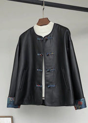 Retro Black O-Neck Chinese Button Faux Leather Outwear Fall