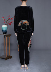 Retro Black Oversized Patchwork Chinese Button Silk Velour Two Pieces Set Fall