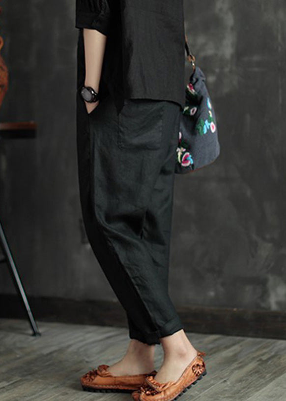 Retro Black Patchwork Pockets Solid Linen Beam Pants Summer