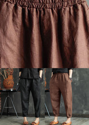 Retro Black Patchwork Pockets Solid Linen Beam Pants Summer