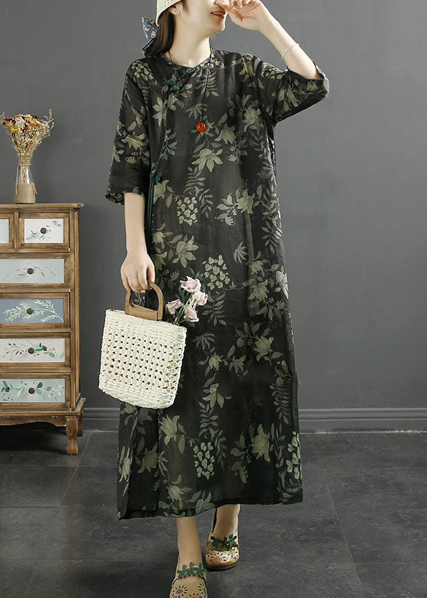 Retro Black Print Chinese Button Patchwork Linen Dresses Summer