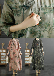 Retro Black Print Chinese Button Patchwork Linen Dresses Summer