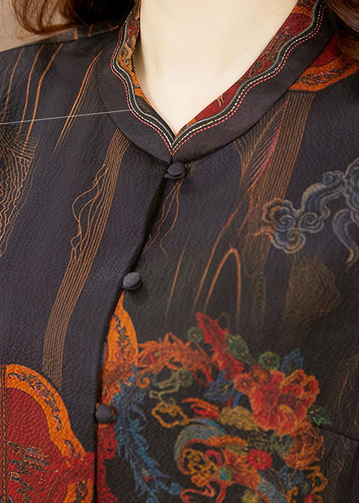 Retro Black Print Stand Collar Button 2024 Silk Blouse Top Half Sleeve