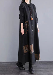 Retro Black Stand Collar Button Patchwork Cotton Long Dresses Fall