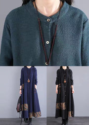 Retro Black Stand Collar Button Patchwork Cotton Long Dresses Fall