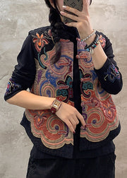 Retro Black Stand Collar Embroidered Floral Button Waistcoat Fall
