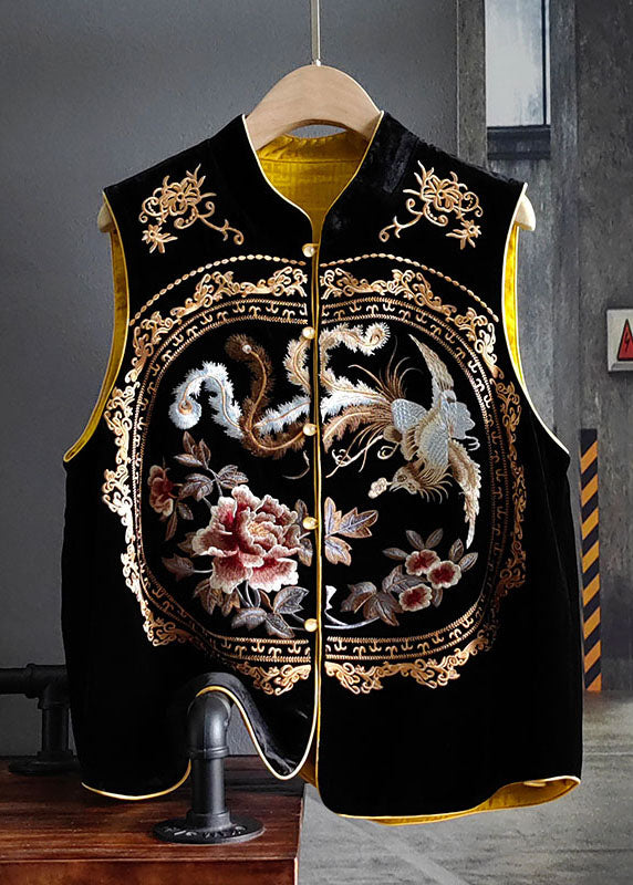 Retro Black Stand Collar Embroidered Patchwork Silk Velour Vest Spring