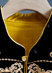 Retro Black Stand Collar Embroidered Patchwork Silk Velour Vest Spring