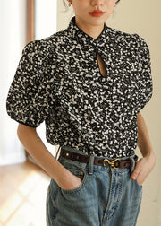 Retro Black Stand Collar Print Button Cotton Shirts Short Sleeve