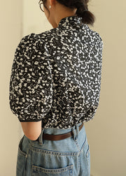 Retro Black Stand Collar Print Button Cotton Shirts Short Sleeve
