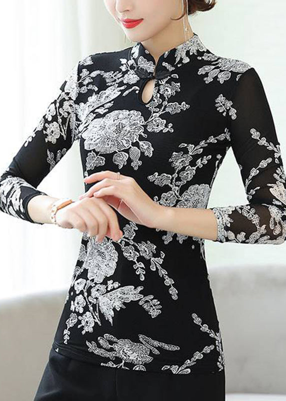 Retro Black Stand Collar Print Button Tulle Tops Bottoming Shirt