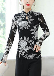 Retro Black Stand Collar Print Button Tulle Tops Bottoming Shirt