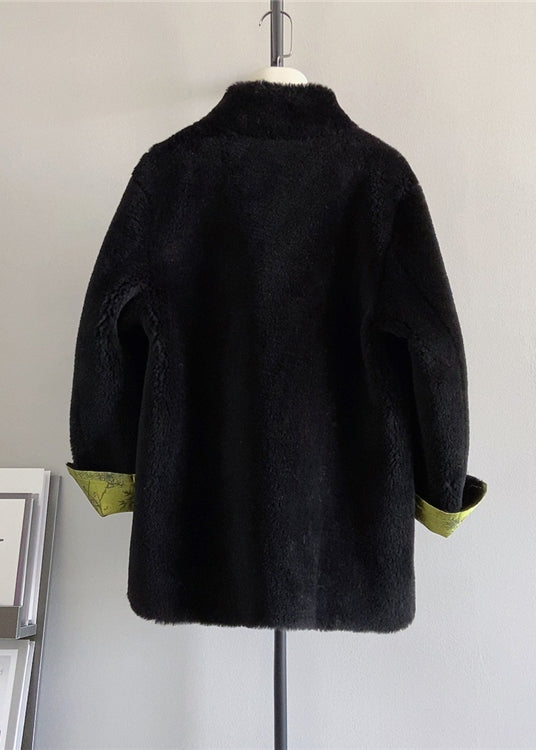 Retro Black Stand Collar Tasseled Chinese Button Wool Coat Winter