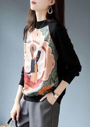 Retro schwarzes Rollkragen-Print-Patchwork-Strick-Sweatshirt mit langen Ärmeln