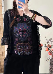 Retro Black V Neck Embroidered Ruffled Silk Waistcoat Sleeveless