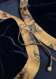 Retro Black V Neck Patchwork Print Silk Velour Coats Spring