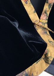 Retro Black V Neck Patchwork Print Silk Velour Coats Spring